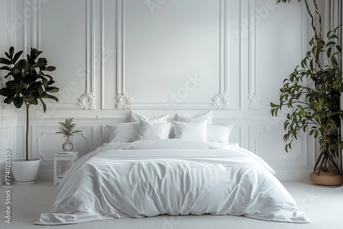 White luxury bedroom interior, wall mockup, 3d render