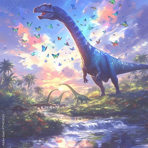 Discover a Jurassic Wonderland with the Majestic Herd of Diplodocus Crossing a River