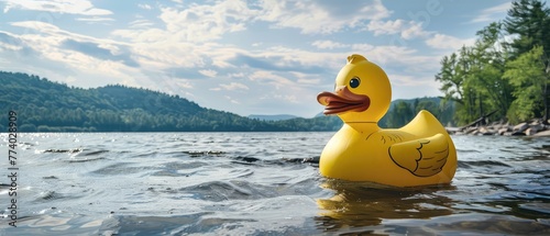 Giant yellow rubber duckie in the lake