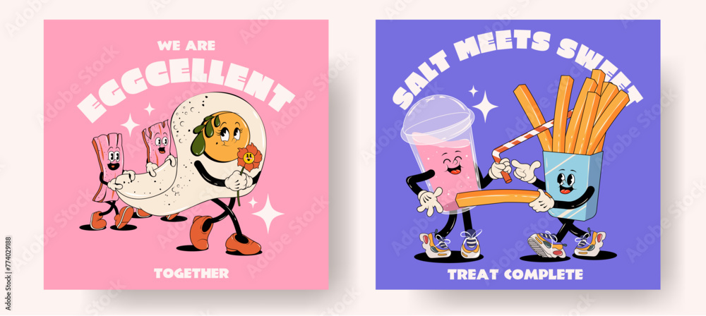 Set of fast food retro posters or cards with walking funny cute comic characters 60s-70s. Lettering illustration for t-shirt print. Mascots for restaurant. egg and bacon, milk shake and fries