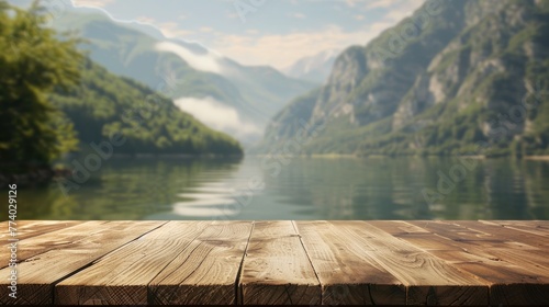 Empty wooden table for product display montages with mountain and lake background photo