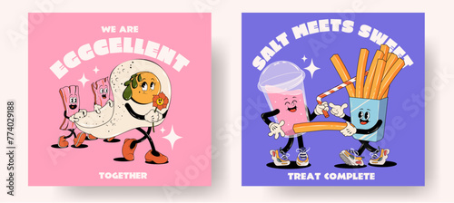 Set of fast food retro posters or cards with walking funny cute comic characters 60s-70s. Lettering illustration for t-shirt print. Mascots for restaurant. egg and bacon, milk shake and fries