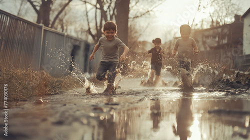 Happy children playing in a puddle.