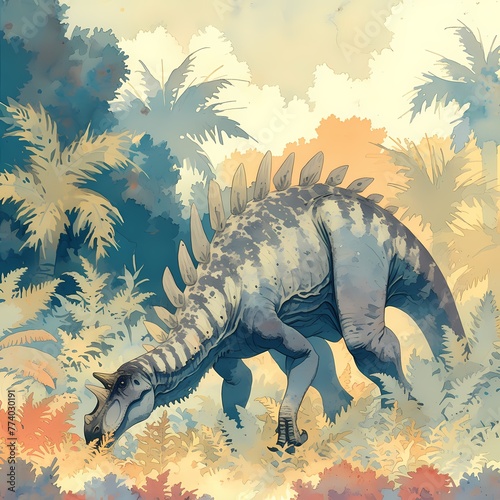 Prehistoric Adventure: Kentrosaurus Searching for Food Amidst Lush Vegetation © RobertGabriel
