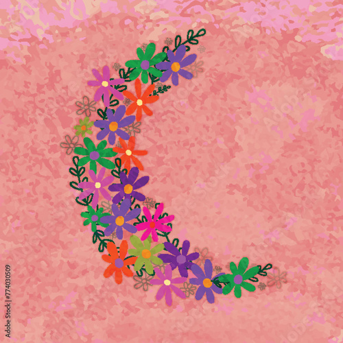 Creative Crescent Moon made by Colourful Flowers on grungy background for Islamic Festivals celebration concept. photo