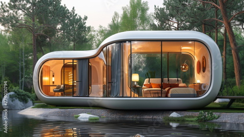 Futuristic House Hovering Above Lake
