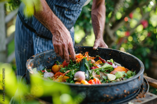 A man is making compost from kitchen leftovers 