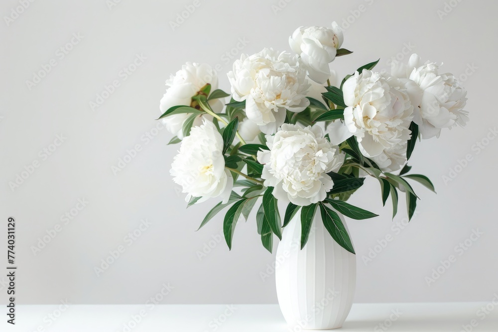 White peonies in white vase on table. White vase is overflowing with an abundance of pristine white flowers. The delicate petals and green stems create a beautiful arrangement inside the vase. White peonies in white vase on table. White vase is overflowing with an abundance of pristine white flowers. The delicate petals and green stems create a beautiful arrangement inside the vase.