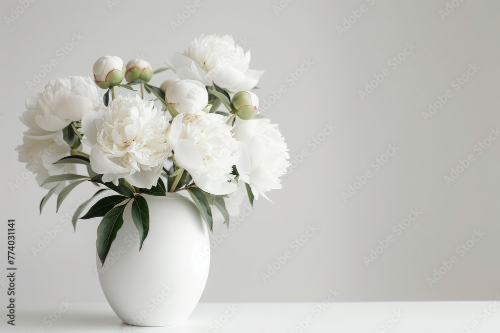 Tender photo of white peonies and buds in white vase on white background. Space for copyspace