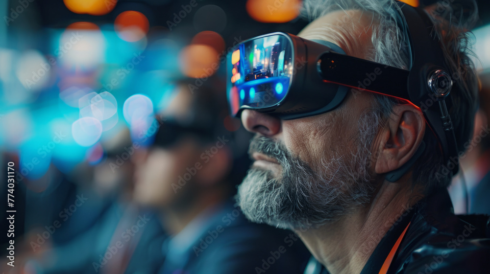 A mature man with a beard is experiencing virtual reality through a headset. He is sitting in a dimly lit room with blurred colorful lights