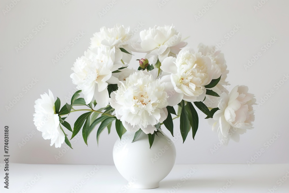 Delicate photo of white peonies and buds in white vase on white background. Space for text Delicate photo of white peonies and buds in white vase on white background. Space for text