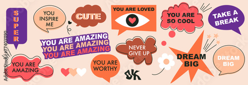 Speech bubbles with compliment phrases. Funny colored cartoon icons. Groovy style vector illustration
