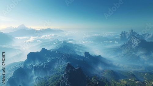 Breathtaking landscape of misty mountain ranges with lush greenery under a serene blue sky.