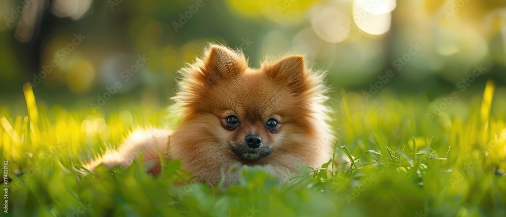 Pomeranian spitz puppy lies on green summer grass and looks at camera. Empty space for text