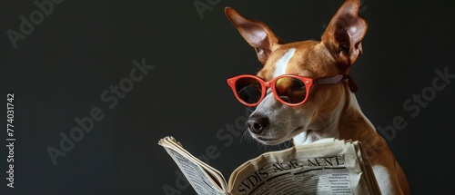podenco dog reading a newspaper magazine , isolated on black background, wearing sunglasses