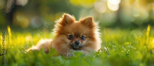 Pomeranian spitz puppy lies on green summer grass and looks at camera. Empty space for text © Muhammad