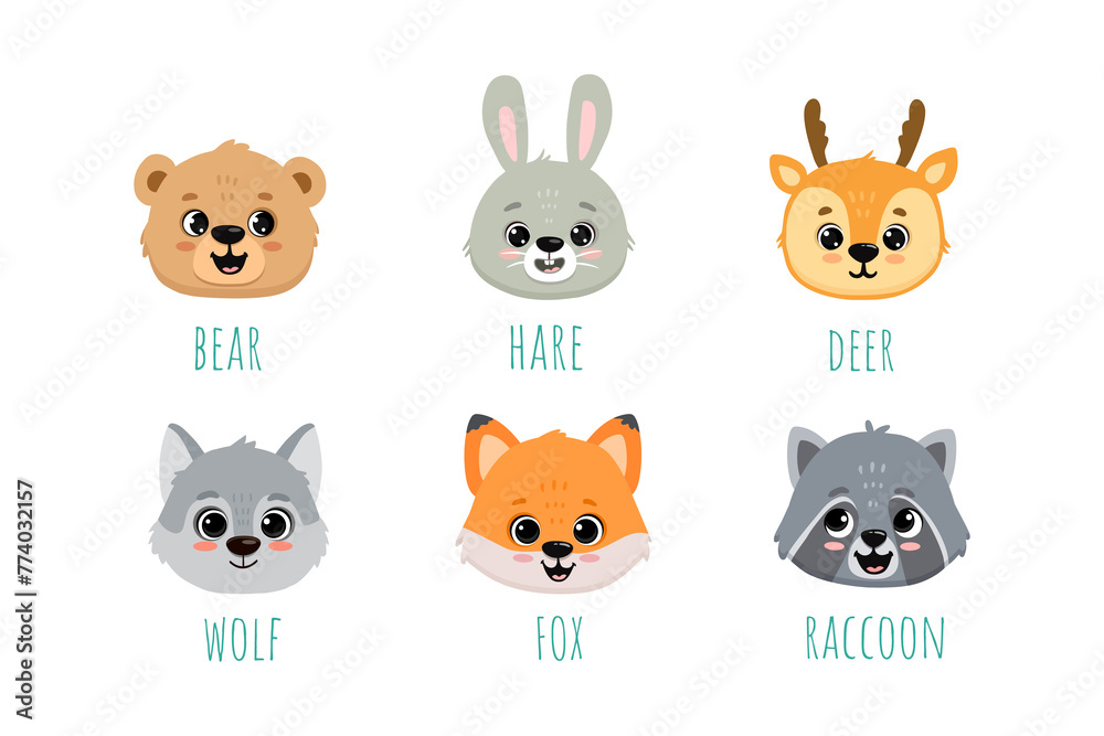 set of funny cartoon animals. Flat forest animals. Doodle illustration of cute wolf head, bunny, fox, bear, raccoon, deer for cards, magazins, banners.