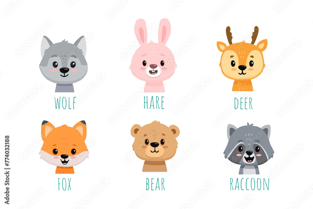 set of funny cute animals . Flat cute animals. Doodle illustration of wolf head, bunny, fox, bear, raccoon, deer for cards, magazins, banners. 