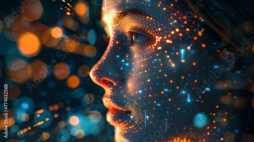 Business Intelligence (BI), A close-up of a woman's face enhanced with digital biometric data points overlay, signifying advanced technology, data analysis, or futuristic facial recognition concepts.