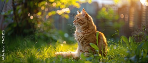 Tabby cat sitting in the garden. Pet enjoing being outside. Cute cat relaxing outdoor. Wonderful mood. Siberian race. Ginger animal. photo