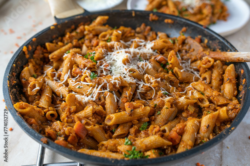 Vegetarian Pasta pan with red lentil bolognese sauce