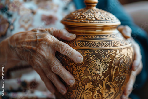 Elderly Hands Holding an Ornate Ceramic Urn with Intricate Patterns