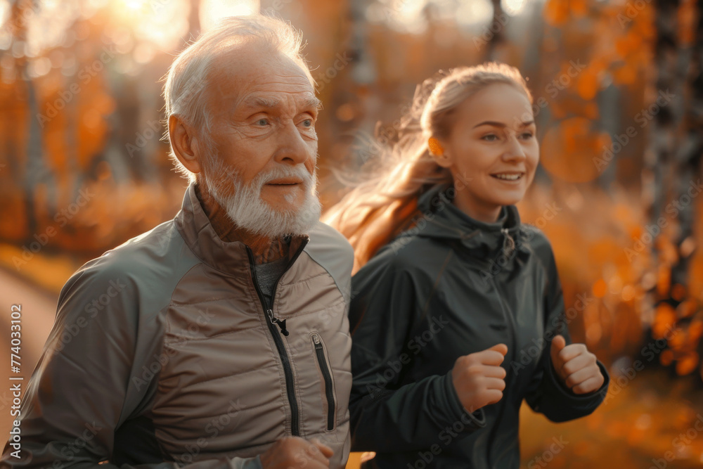 Energetic Senior Man and Young Woman Jogging in Autumn Park