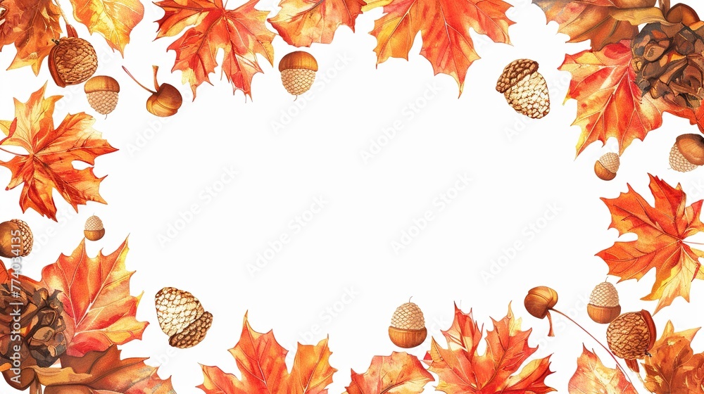 Fototapeta premium Nature Leaves Background with Vibrant Maple Leaves and Acorns Arranged in a Border Pattern. Autumnal Elegance Concept.