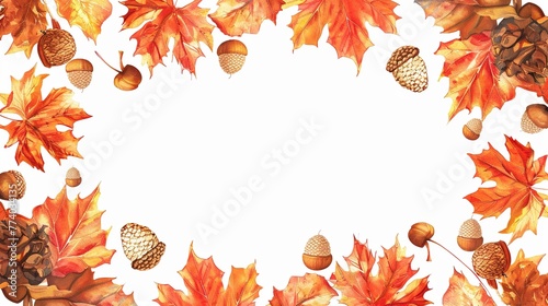 Nature Leaves Background with Vibrant Maple Leaves and Acorns Arranged in a Border Pattern. Autumnal Elegance Concept.