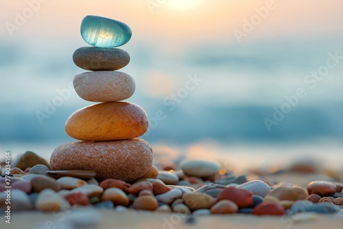 A serene pile of stones balanced on a beach with sunset hues reflecting on the rocks.