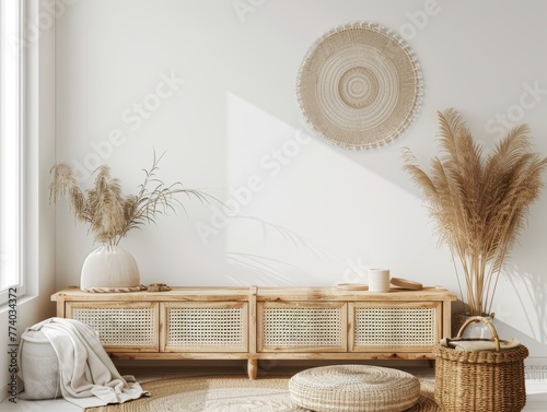 Coastal living room interior with Rotan furniture , wall mockup