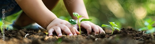 A heartwarming image of a child's hands planting a seedling, teaching about environmental science and responsibility, photo