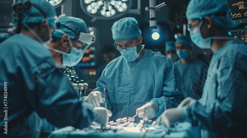 A team of focused surgical professionals engaged in a complex operation within a state-of-the-art operating room, illuminated by surgical lights