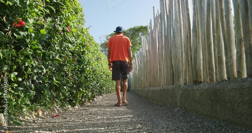 Back view of man, walking in narrow path between bushes and wooden fence. photo