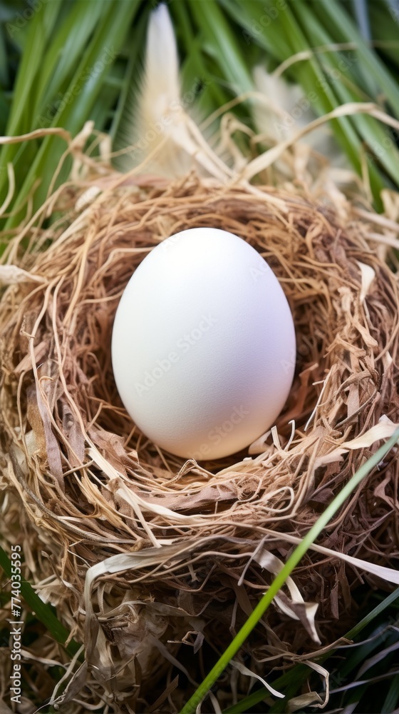 A white egg is sitting in a nest made of twigs and grass A white egg is sitting in a nest made of twigs and grass