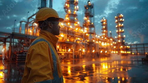 Man in Yellow Jacket Standing in Front of Oil Refinery