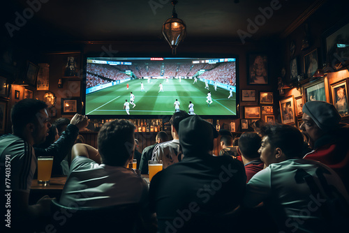Fans gather in a sports bar watching a soccer match on multiple screens, creating a lively atmosphere. Generative AI