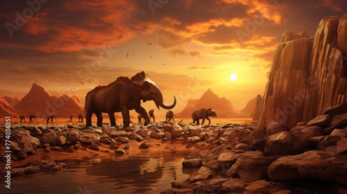 Cenozoic Era at sunset. Jurassic World, Historical extinct Animals living Many centuries before our era.