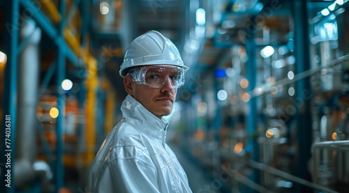 Man in Hard Hat and Goggles Working in Factory