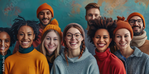 Diverse Group of Young People Wearing Winter Hats and Smiling