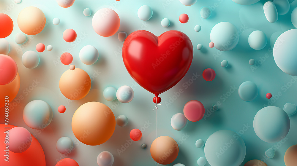 3d render, a heart balloon and around her colorful speech bubbles, soft gradient