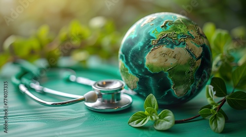 close up glass globe and stethoscope on table, world health day, medical and healthcare, telemedicine and climate change, global pandemic crisis