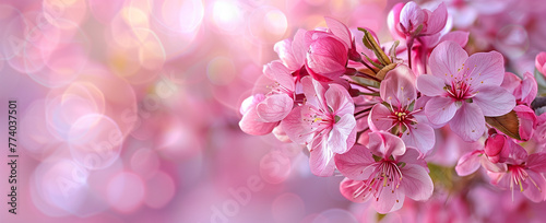 Pink Apple Trees Blossoms, Close-up, Soft Glowing Light, Spring Background with copy space © Nii_Anna