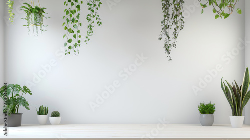 White table top with hanging plants copy space. White background © NordicShieldMaidens