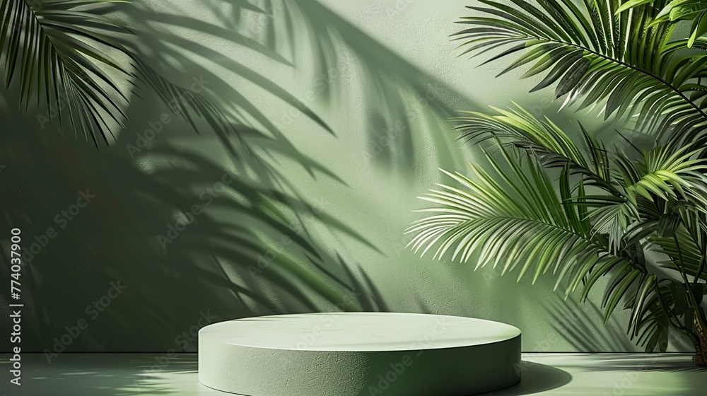 Circular Podium with a Palm Shadow in Refreshing Green. Modern and Invigorating Presentation Concept. Circular Podium with a Palm Shadow in Refreshing Green. Modern and Invigorating Presentation Concept.