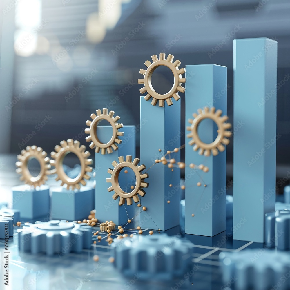 3D render icon Bar chart with gears and cogs representing different ...