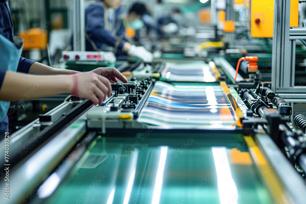 Curved close-up flexible electronic display, A factory producing ...