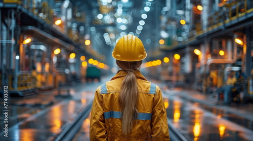 Woman Wearing Hard Hat and Yellow Jacket at Worksite © Prostock-studio