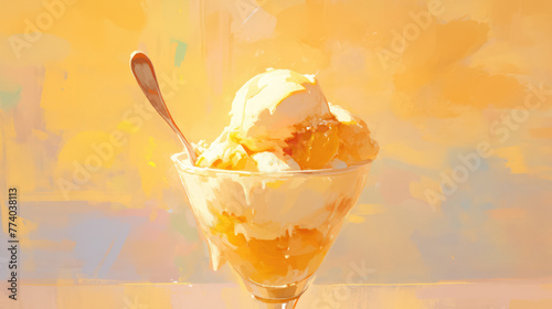 Ice Cream in a Glass Bowl With a Spoon Painted Style