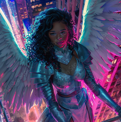 beautiful dark skinned woman, black curly hair, dark brown eyes, curvacious, kind looking, silver and gold ornate armor, white long feathered wings, standing on the side of a rainy neon pink and blue  photo